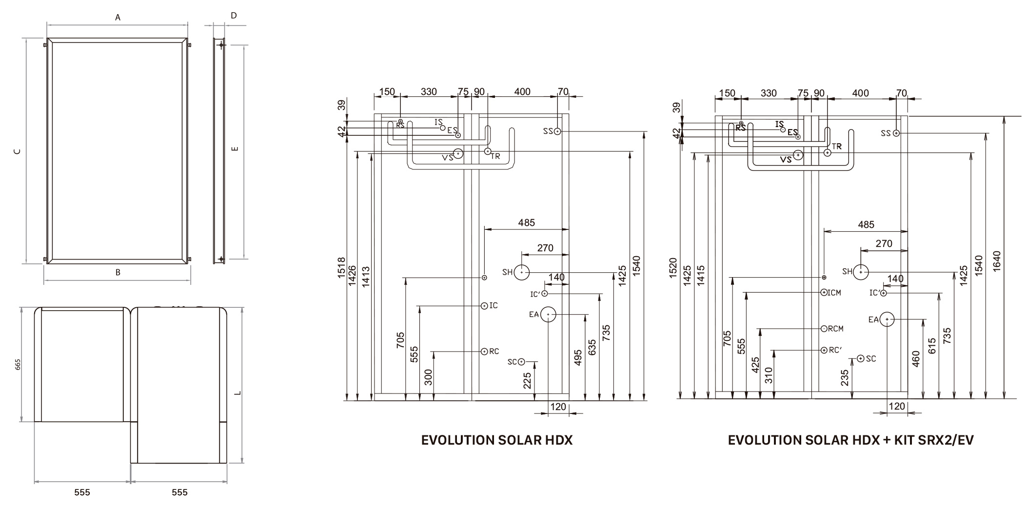 Dimensiones caldera híbrida solar Evolution Solar HDX